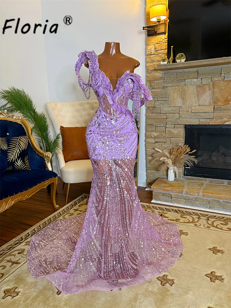 

Luxury Lilac Mermaid Party Dress Beaded 3D Appliques Leaves Dubai Woman Formal Event Dresses Evening Vestidos Gala Customized