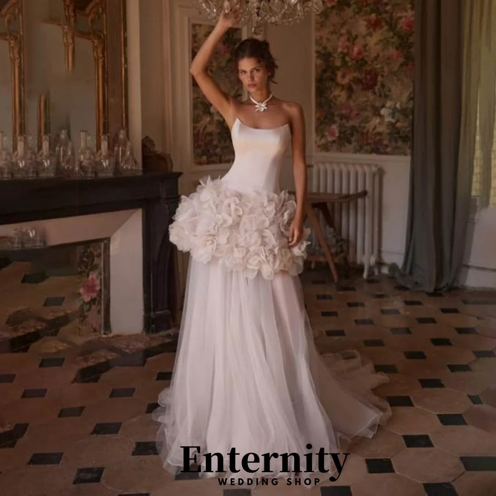 

Customized Scoop-neck Flower Applique Wedding Dress Charming Zipper Bridal Dress Sexy Sleeveless Bridal Gown vestido de novia