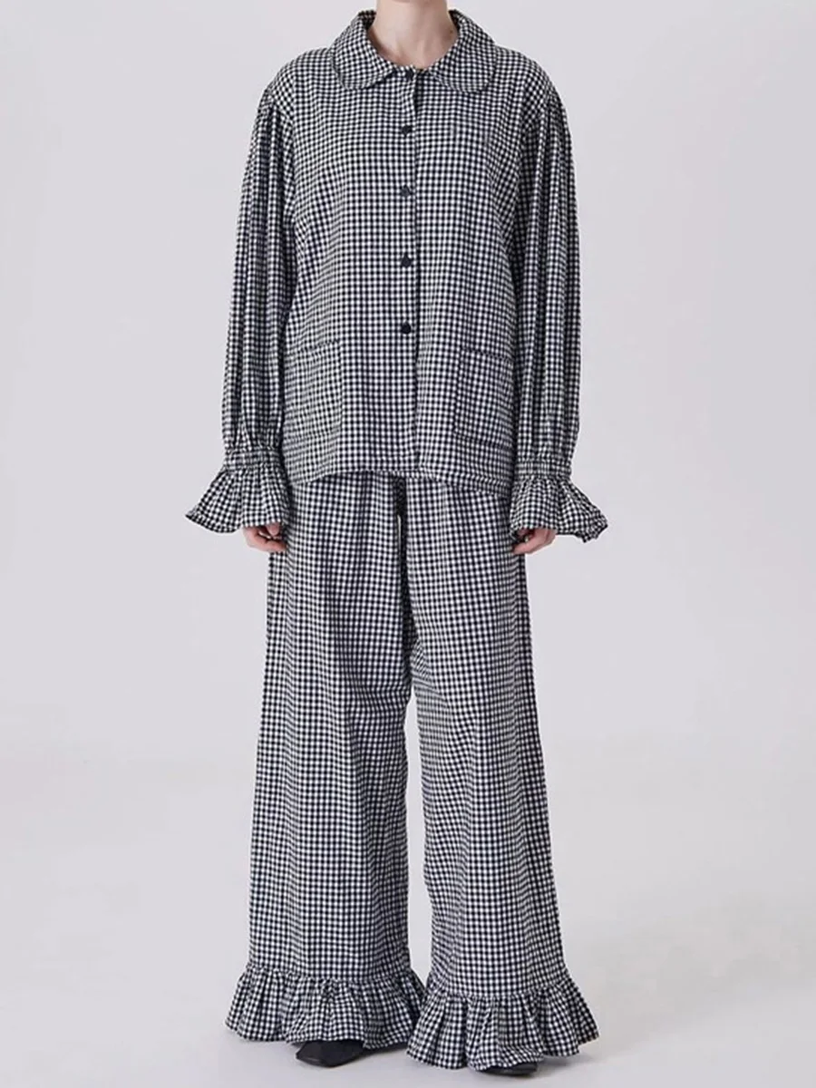 

Women Gingham Ruffle Two Piece Set Women's Summer Suit Lapel Collar Long Sleeves Gingham Print Ruffle Cuffs Loose Loungewear