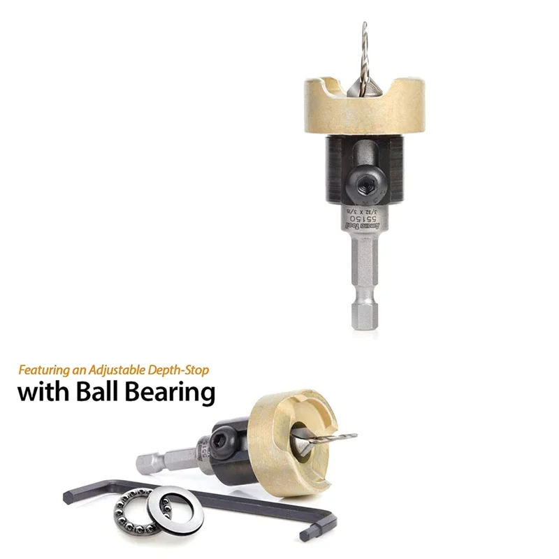 AEE6-Trapano per svasatore per la lavorazione del legno con punta per svasatore a profondità regolabile per punta per svasatore 3/8 X 3/32 X 1/4