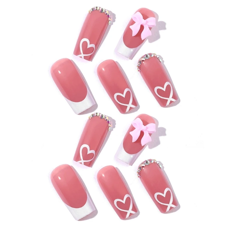 Uñas postizas medianas largas con moños elegantes, cubierta completa, nude brillante, cuadradas, acrílicas 5