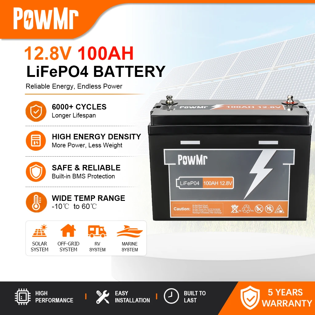 Akumulator LiFePO4 PowMr 12,8V 100Ah Bestseller, pełna ochrona BMS, ogrzewanie niskotemperaturowe, energia solarna łódź