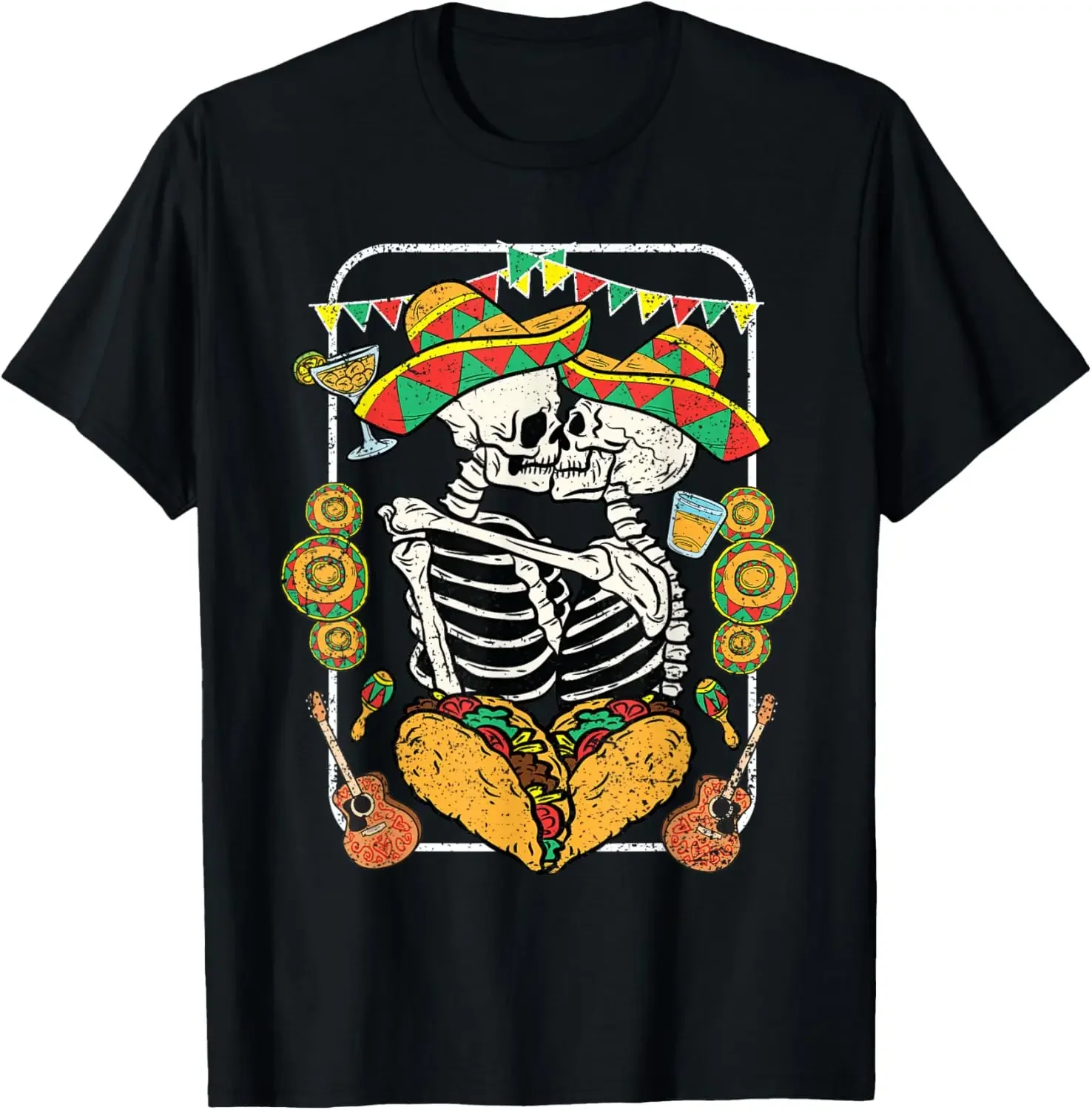 

Skeleton Kissing Cinco De Mayo Mexican Sombrero Taco Heart T-Shirt