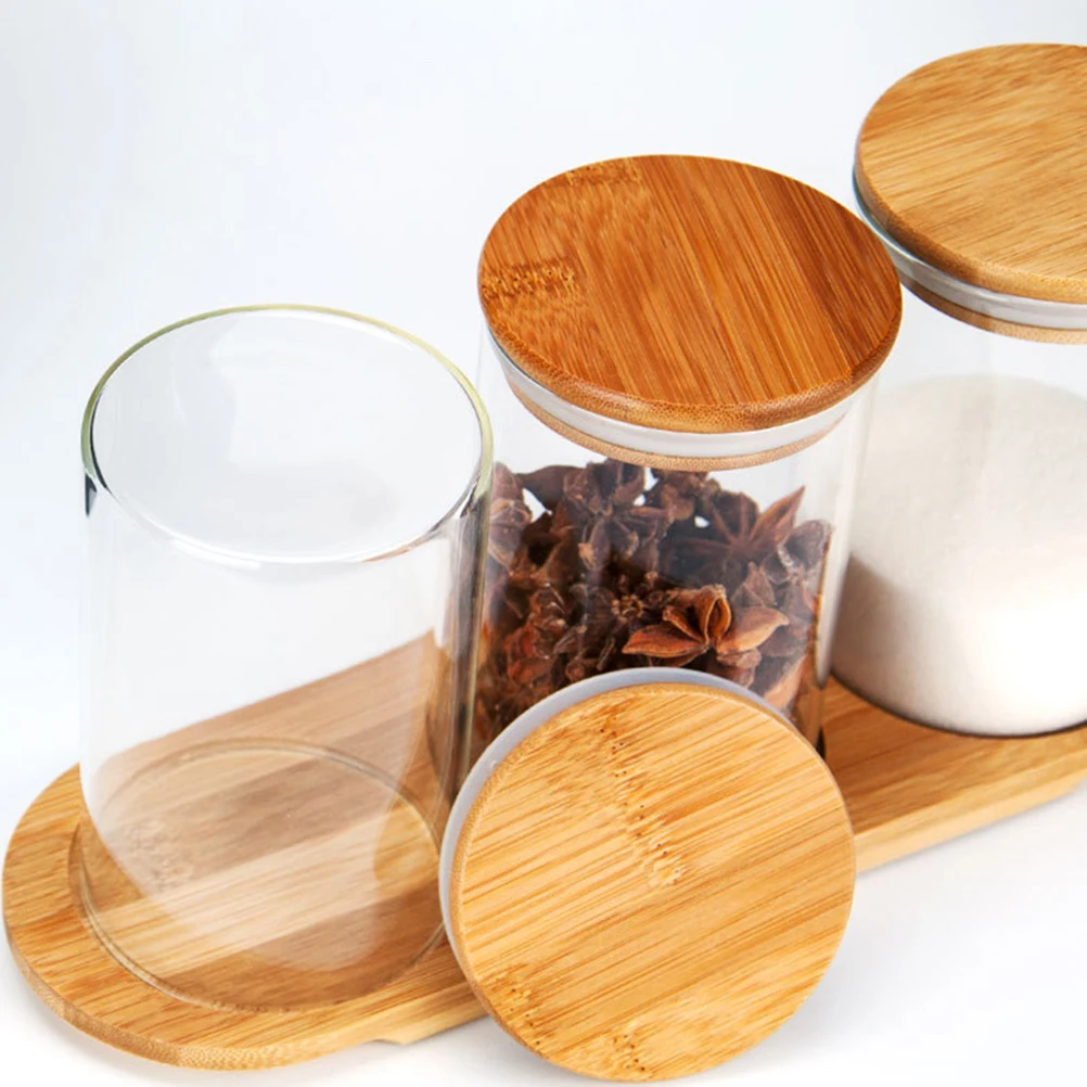 

Glass Bamboo Storage Jars Spice Containers Set Clear Food Grade Safe Sealed Holder Corrosion Resistant Easy Clean Round