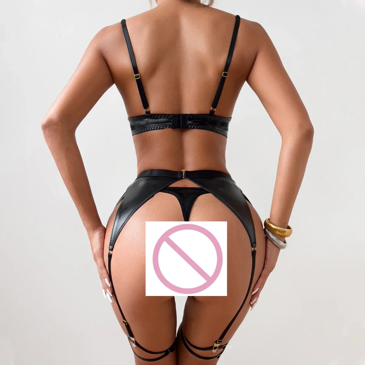 Nova moda divertido conjunto oco sem costas perspectiva sexy roupa interior liga conjunto de quatro peças porno traje sexy feminino aberto lingerie sexy