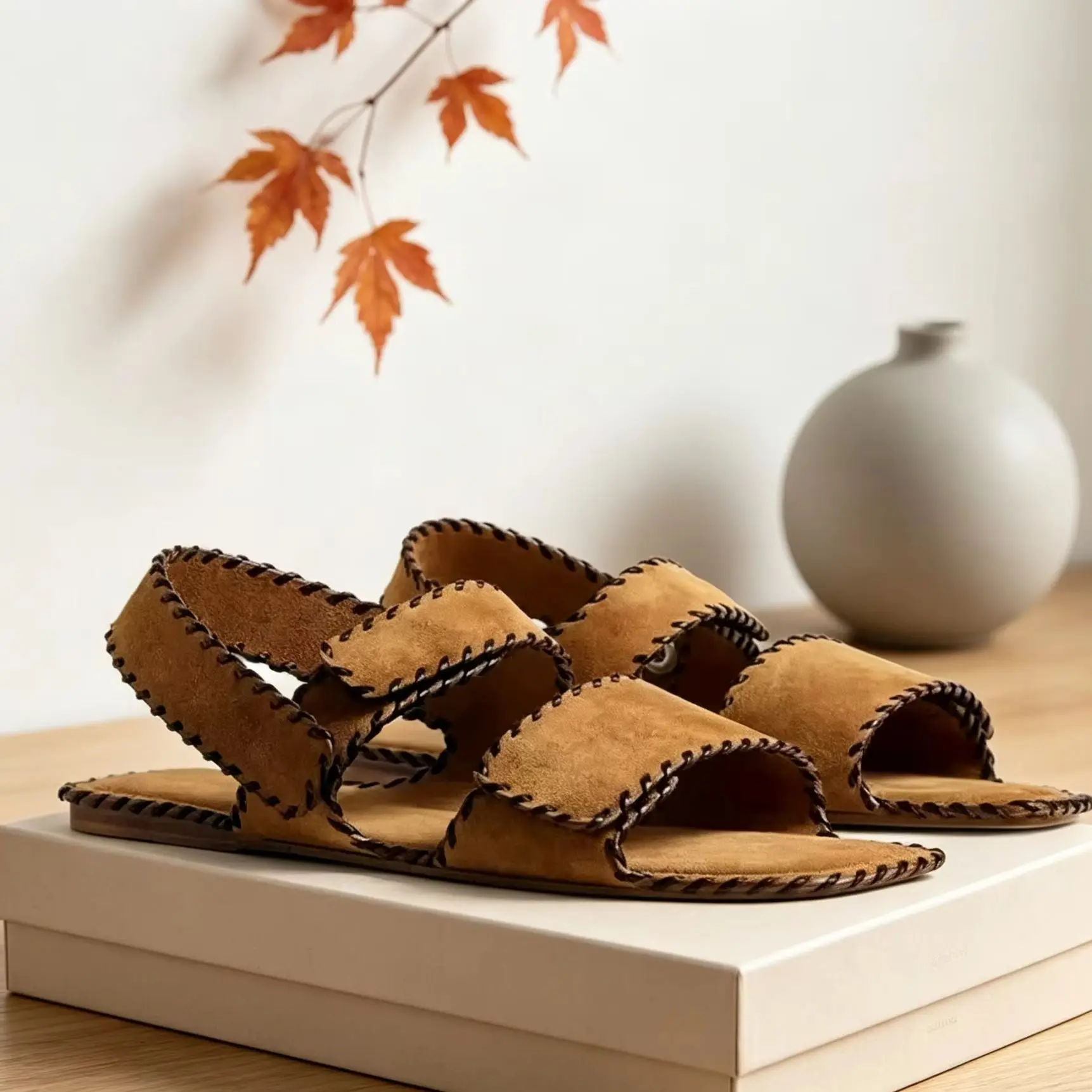 

Women's Tan Suede Whipstitch Double Strap Flat Sole Slide Sandals Rustic Square Toe Retro Ladies Beach Street Casual Summer Shoe