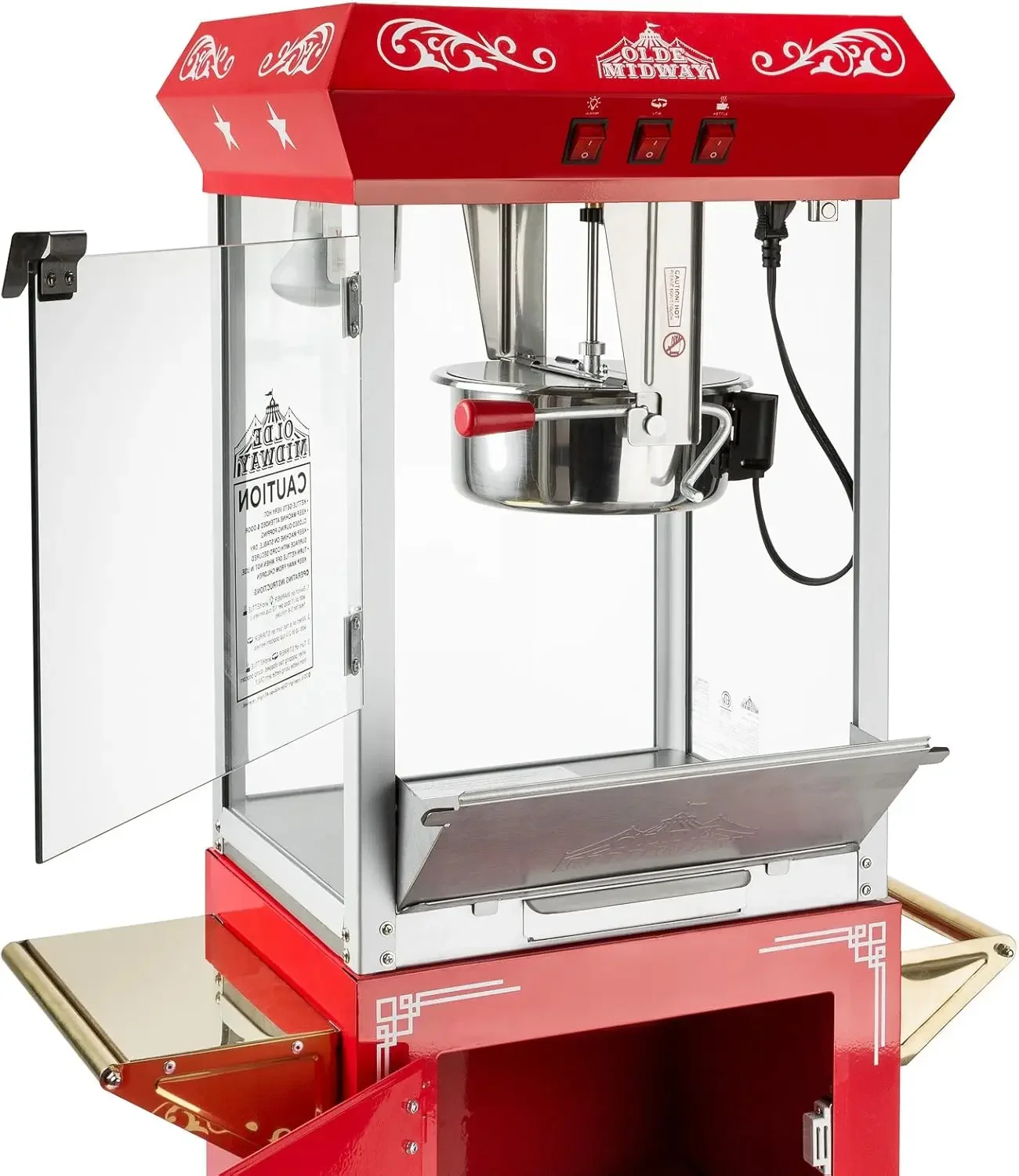 Midway Vintage Style Popcorn Machine Maker Popper พร้อมรถเข็นและกาต้มน้ํา 10 ออนซ์ - สีแดง