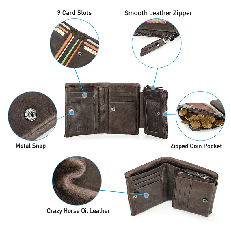 CONTACT\'S crazy horse genuine leather men\'s wallet vintage short wallets with coin pocket walet male small man\'s purse cuzdan