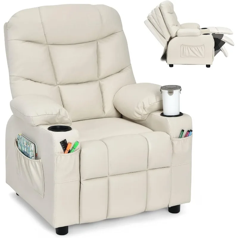 Kids Recliner Chair with Cup Holder, Adjustable Lounge Chair w/Footrest & Side Pockets for Children Boys Girls Room