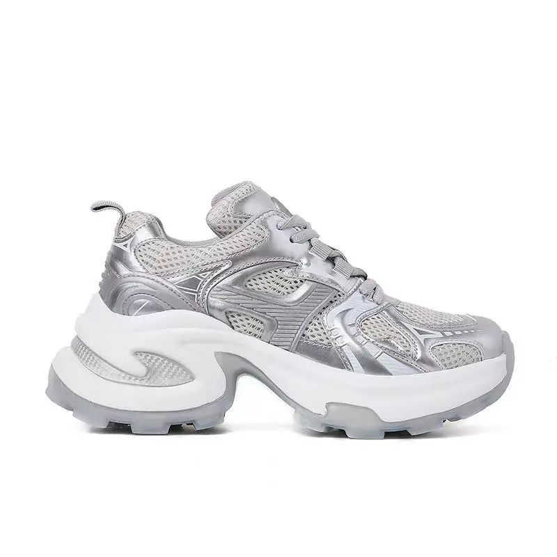 Thick Soled Dad Shoes 2024 Summer New Silver White Breathable Mesh Casual Sports Shoes for Women