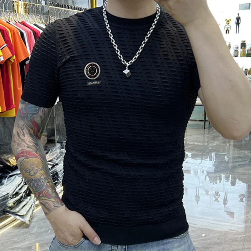 2023 Summer New Fashion Brand Slim Fit Elastic Personalized Jacquard Versatile Ice Silk Short Sleeve T-shirt Thin Knitted Shirt