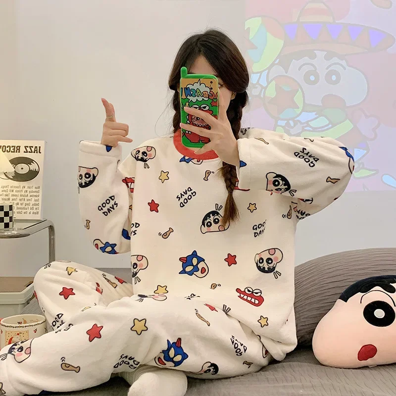 Crayon Shin-chan Anime Pigiama da donna Cartoon Girocollo Cardigan a maniche lunghe Autunno Inverno Addensato Caldo e confortevole Homewear