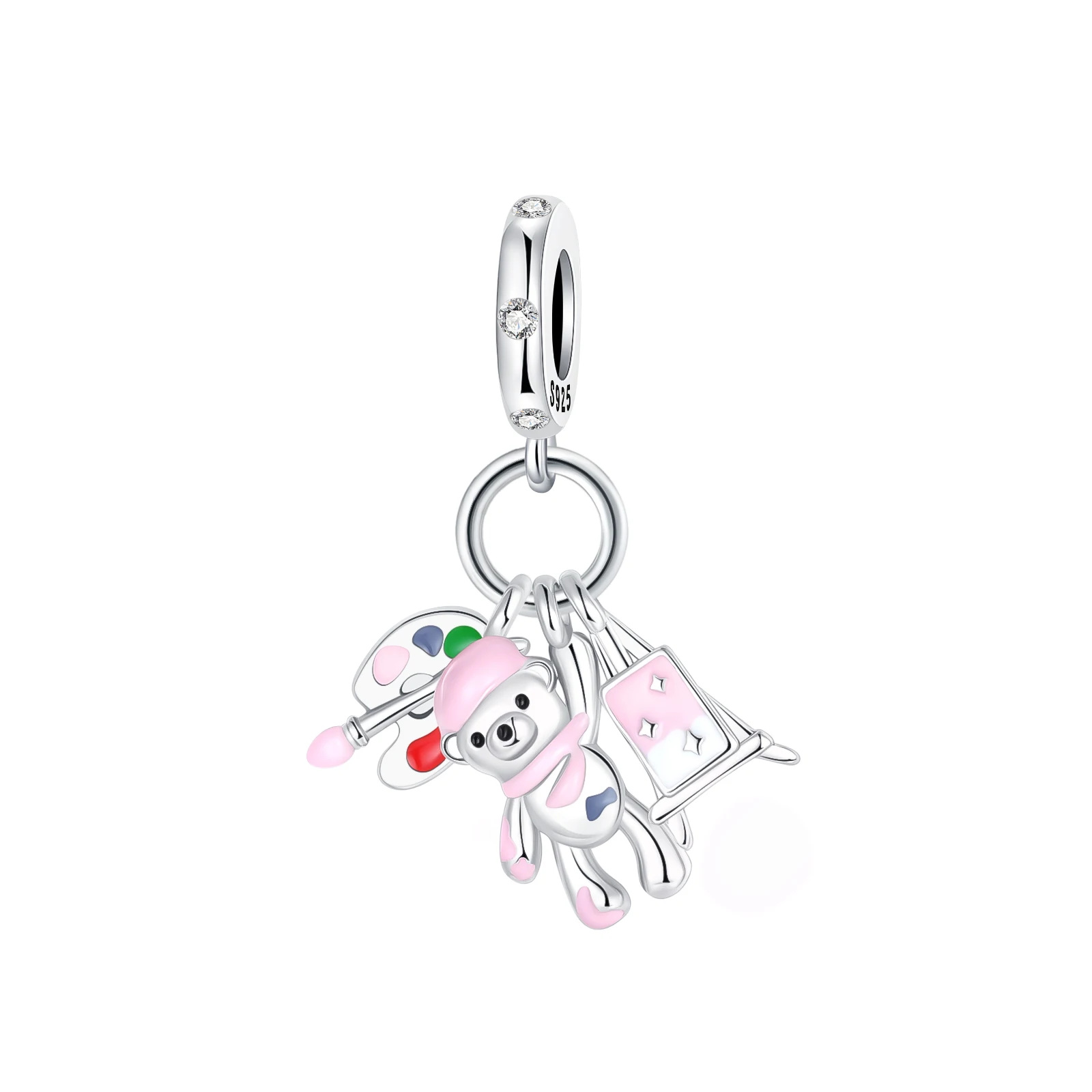 925 Sterling Silver Artist Bear Triple Dangle Charm Colorful Palette Easel Pink Enamel Bead Fit Chain Bracelet DIY Jewelry Gift