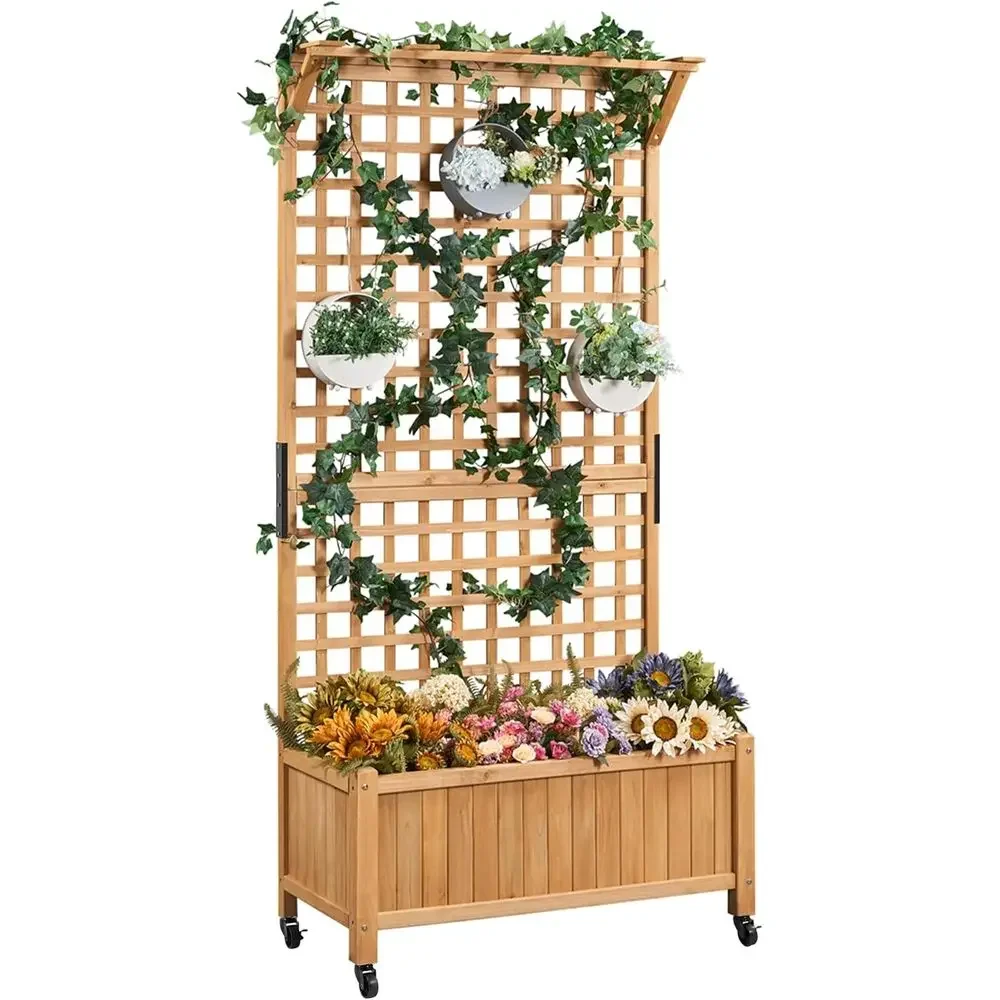 72 Inch High Outdoor Raised Garden Bed with Trellis, Drainage, for Climbing Plants and Herbs in Light Brown