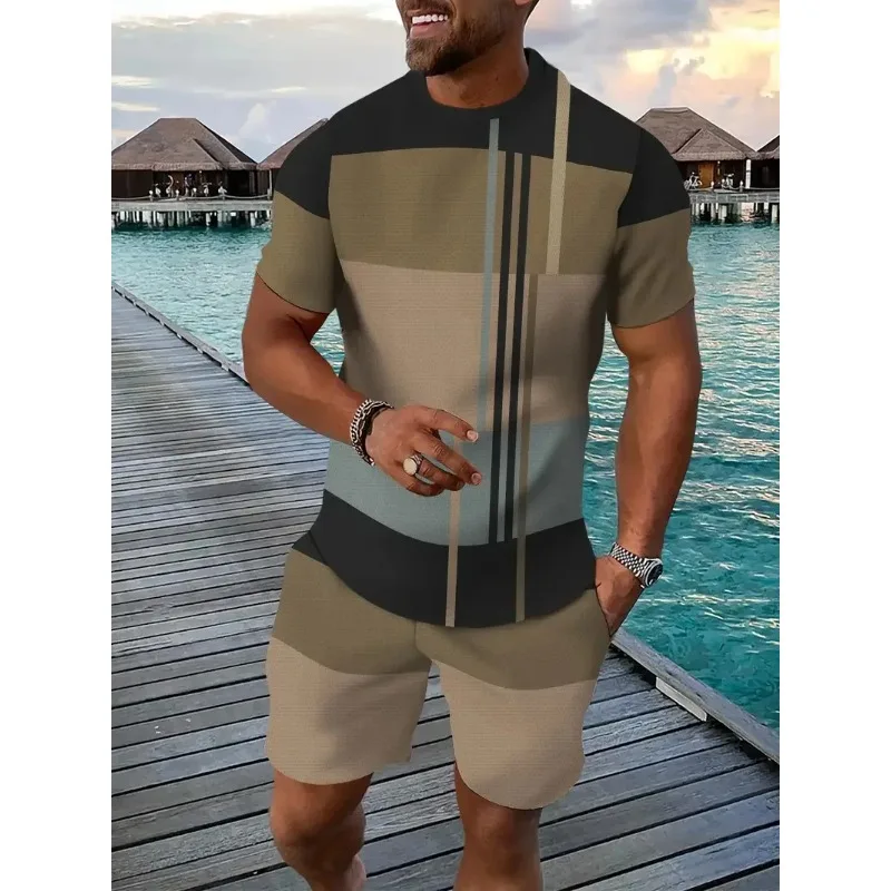 2025 Summer T-shirt and Shorts Set, 3D Color blocked Printed Casual Hawaiian Men's and Women's Sports Set Two Piece Jogging Suit