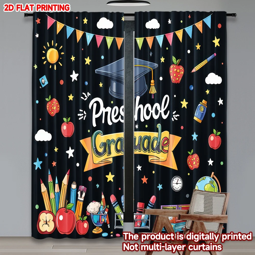 

2D flat printing 2pcs Party Curtain Preschool Graduation Celebration(1) Digital Printed Polyester Drapes Festive Wall Decor for