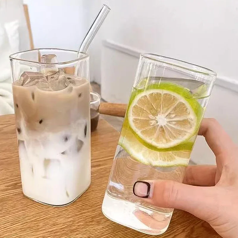 Square Coffee Glass Cup With Lid and Straw Transparent glasses Milk Tea Juice Cups ice Mug For Drinkware