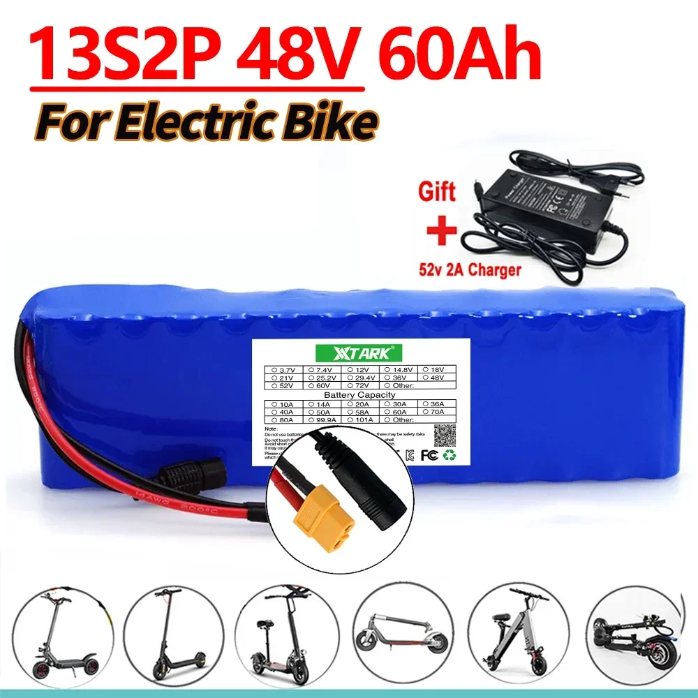 

E-bike Battery 48v 60Ah 18650 Lithium Ion Battery Pack 13S2P Bike Conversion Kit Bafang 1000w and 54.6V 2A Charger + XT60 E-bik