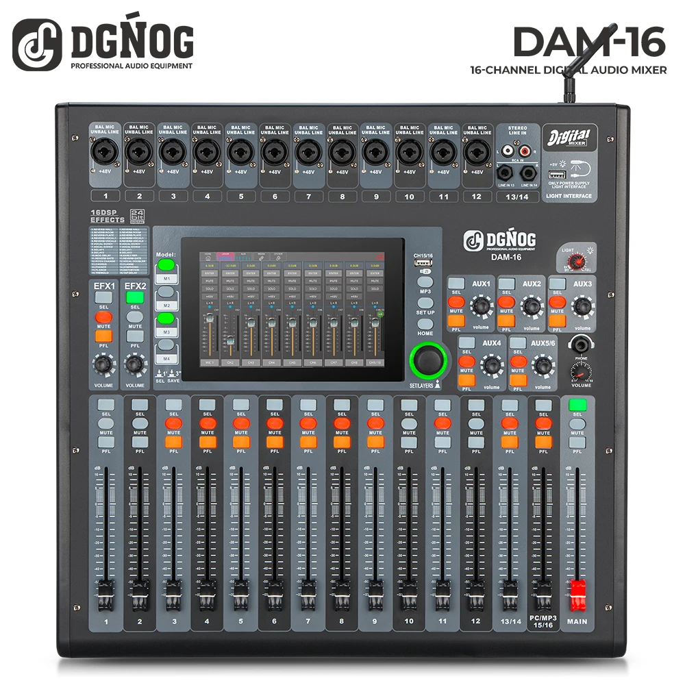 

16 Channel USB Digital Audio Mixer DJ Console with Bluetooth Interface, 48V Phantom Power for Streaming Recording DGNOG DAM-16
