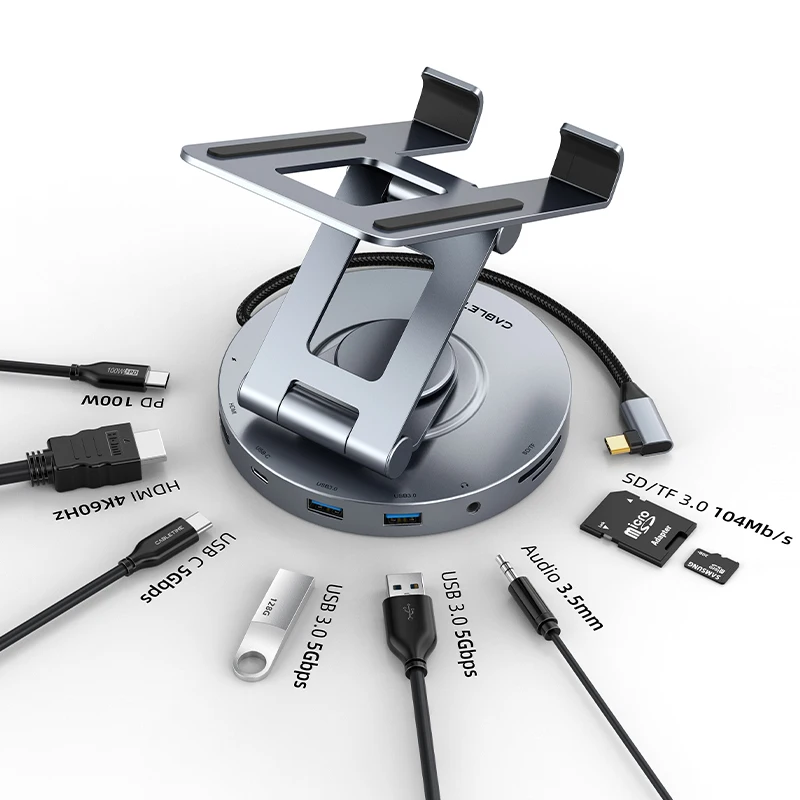 CABLETIME 8 in 1 Multi USB C HUB 4K@60Hz HDMI 360 Rotating Stand 100W 5Gbps Transfer SD TF Reader for Tablet iPad Pro Air
