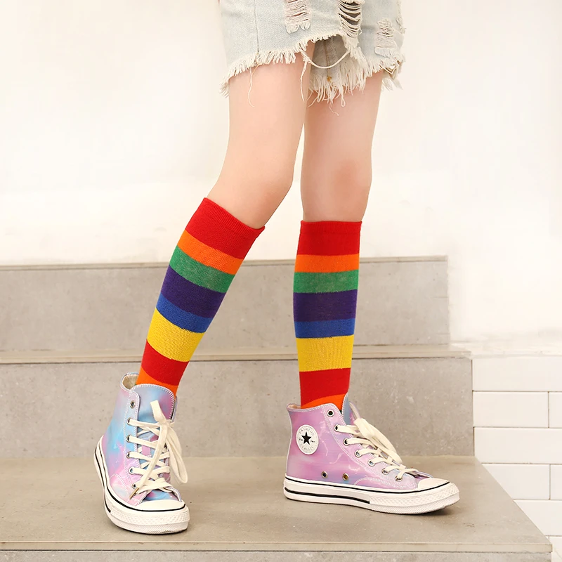 Girls' long tube socks spring and autumn color Korean version striped children's pile socks rainbow socks baby over knee socks