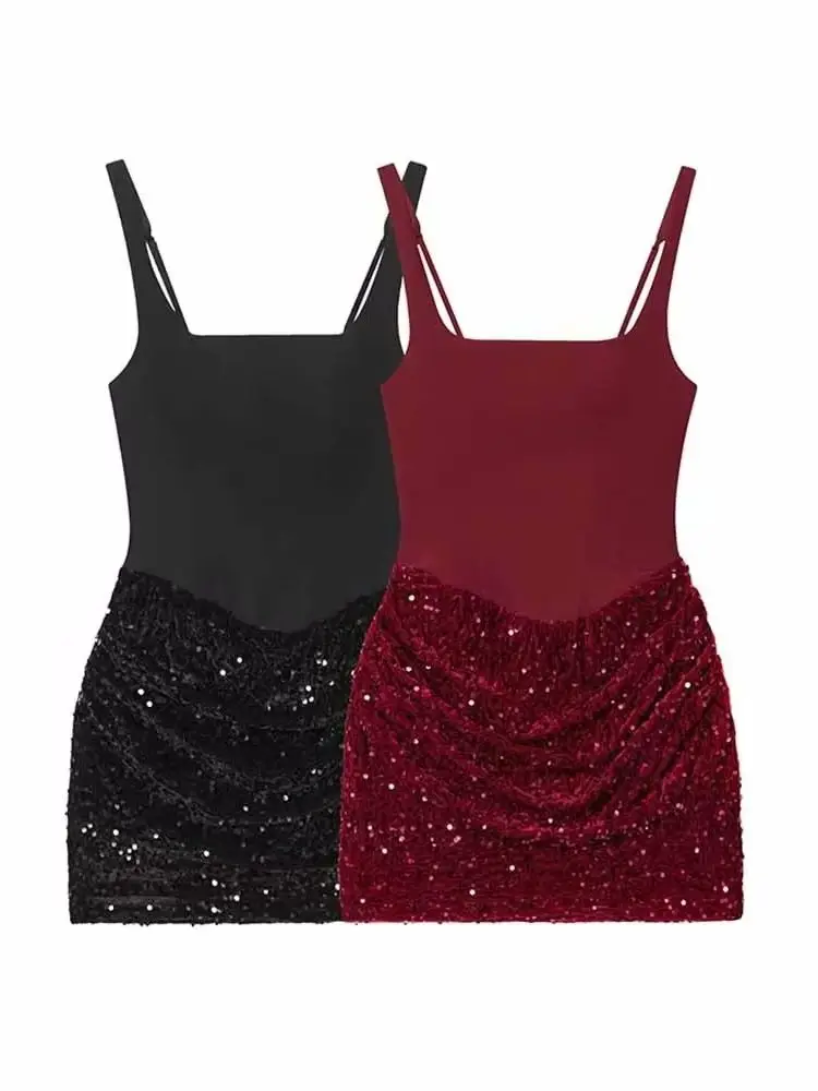 

HH New Woman Summer Fashion Casual Party Sleeveless Sequin Decoration Hip Covering Suspender Skirt Female Sexy Elegant Dress