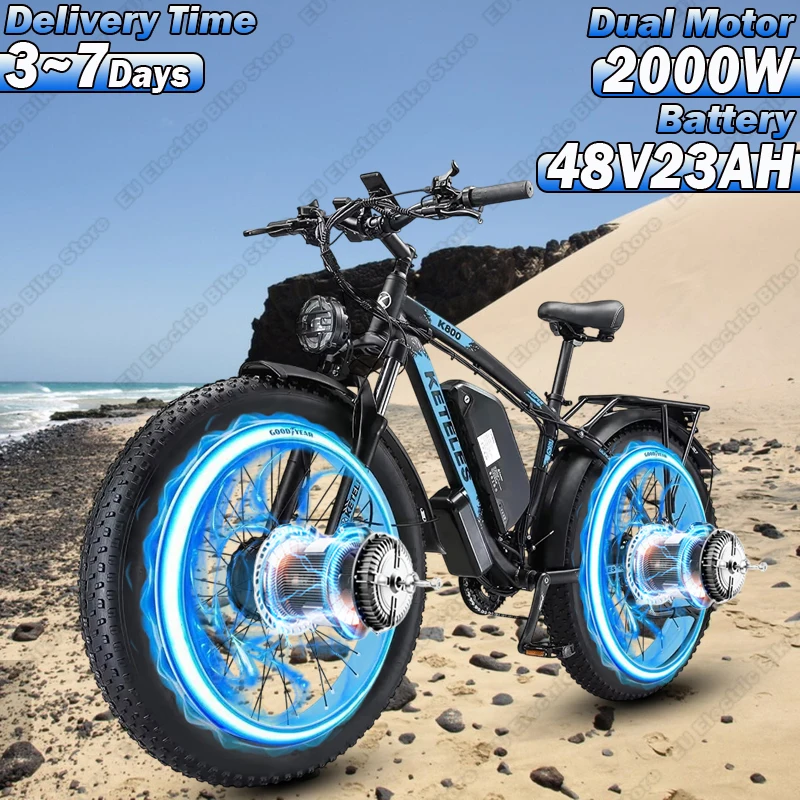 K800 Ebike 2000W Dual Motor 48V23AH Lithium Battery Hydraulic Brake City Electric Bike Mountain 26*4.0 Fat Tire Electric Bicycle