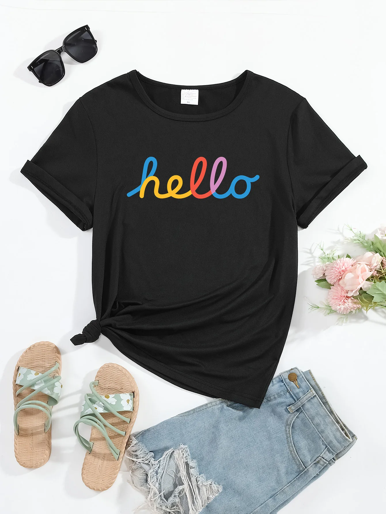 

Hello Letter Print Casual Sports T-shirt, Round Neck Short Sleeves Workout Tops, Women's Activewear