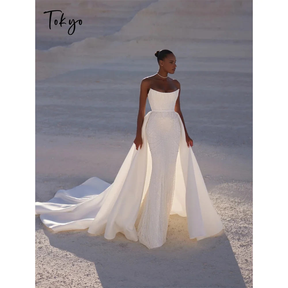 Tokyo Strapless Corset Bodycon Fit Detachable Train Modern Sleek Wedding Dress Minimalist Luxury Chic Bridal Gown Formal Party