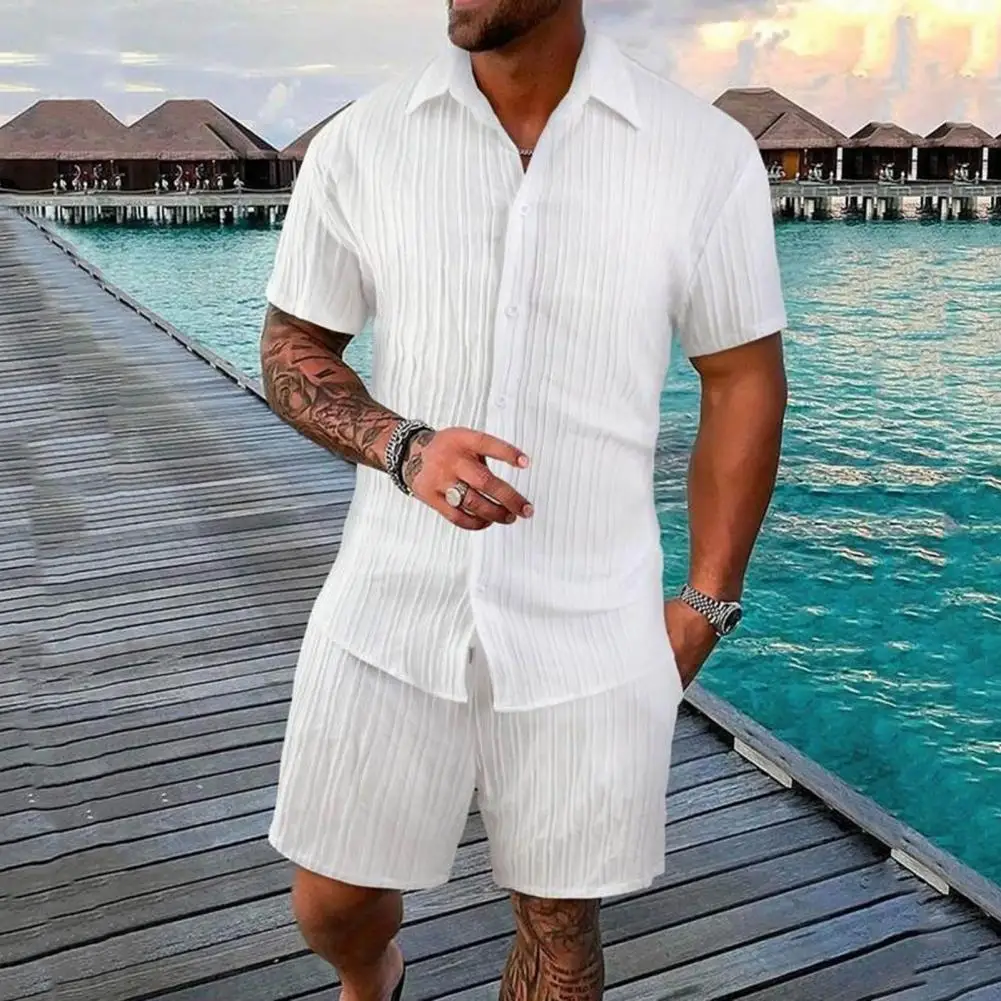 Conjunto casual de camisa e shorts de lapela masculino, calção de cintura com cordão, roupa solta de cor sólida, verão