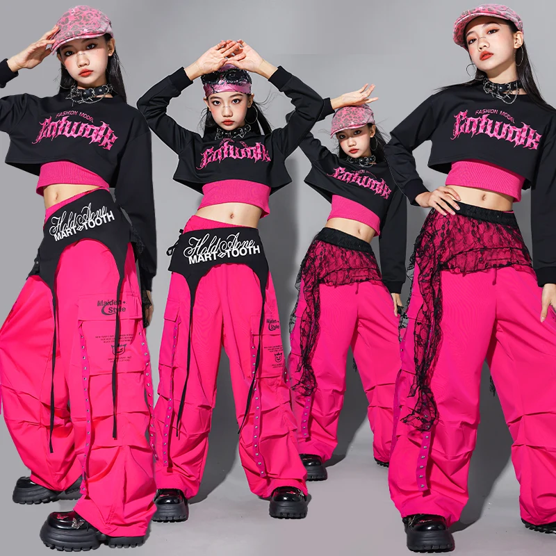 

Уличная одежда для девочек Kpop, одежда в стиле хип-хоп, черная укороченная майка, толстовка, повседневные брюки с парашютом для девочек, костюмы для уличных танцев, одежда