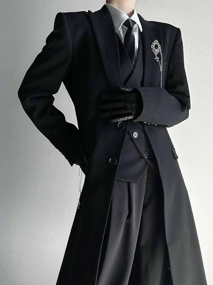 American Retro Men's Long Blazer Fashion High Street Dark Gothic Suit Jacket Spring Autumn Casual Black Simple Male Coat