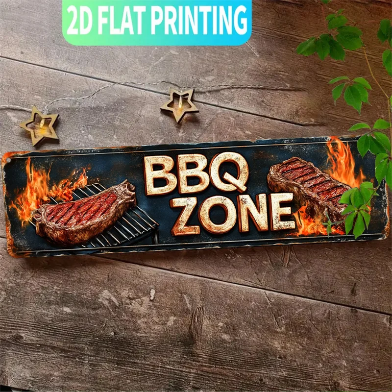 1pc Vintage BBQ ZONE Wall Sign - Rustic Outdoor/Indoor Decor with Flames Design, Heavy-Duty Weatherproof Patio Art for Backyard