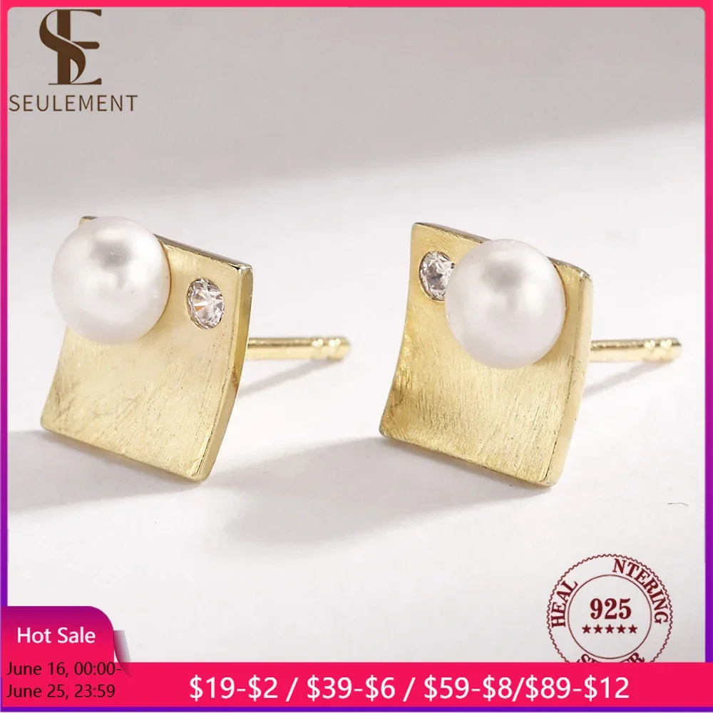 

Seulement Natural Freshwater Pearl Square Stud Earrings for Women Fashion Personal 925 Sterling Silver Jewelry Accessories