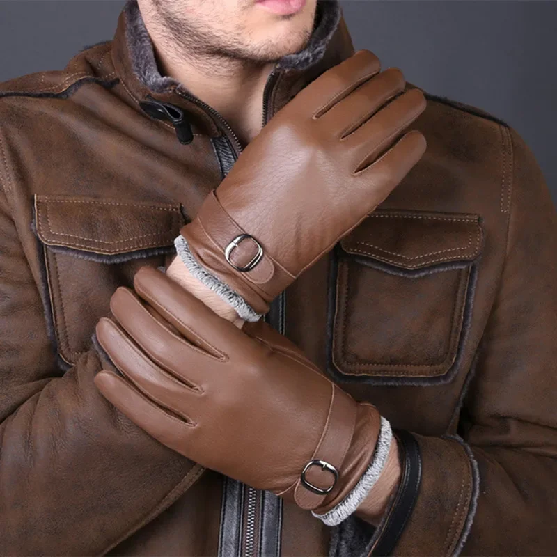 autumn and winter buckskin gloves male leather gloves fashion Buckle Outdoor warm genuine leather glove for men