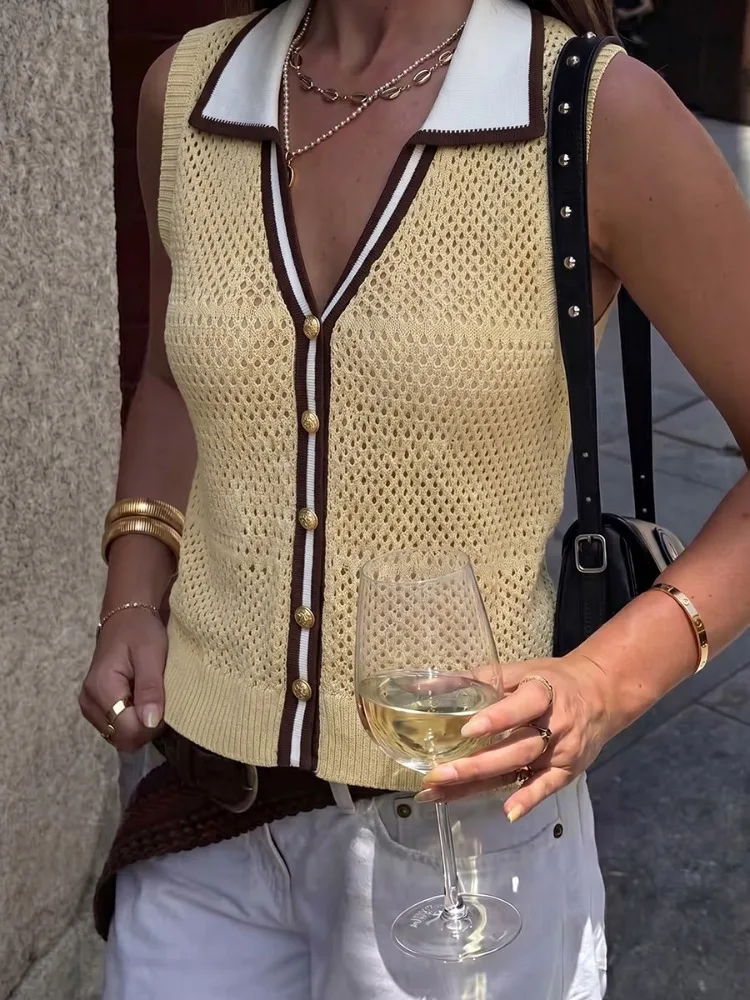 Uoozee Women Trendy Contrast Collar Hollow Knit Slim Lapel Vest 2026 New Summer Sleeveless Office Casual Crop Tank Tops