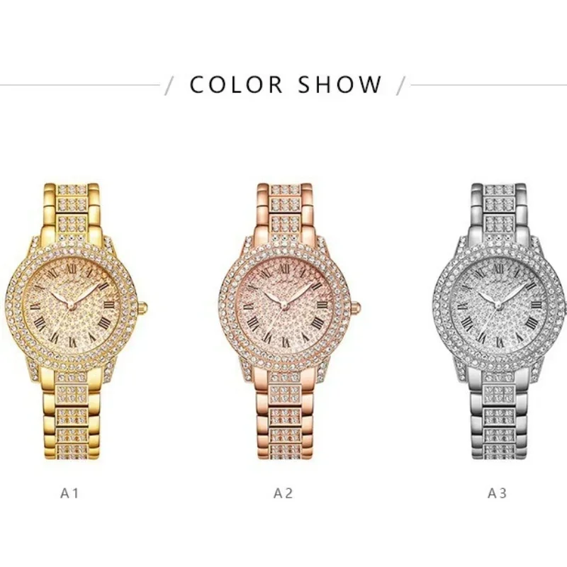 Fashion Women\'s Watch Water Diamond Round Watch Temperament Bracelet Full Sky Star Leisure Quartz Watch