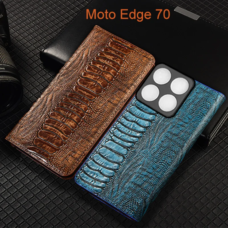 Genuine Leather Flip Case For Moto Edge 70 Fusion Plus Phone Cover Card Cases Ostrich Pattern Scratch Proof