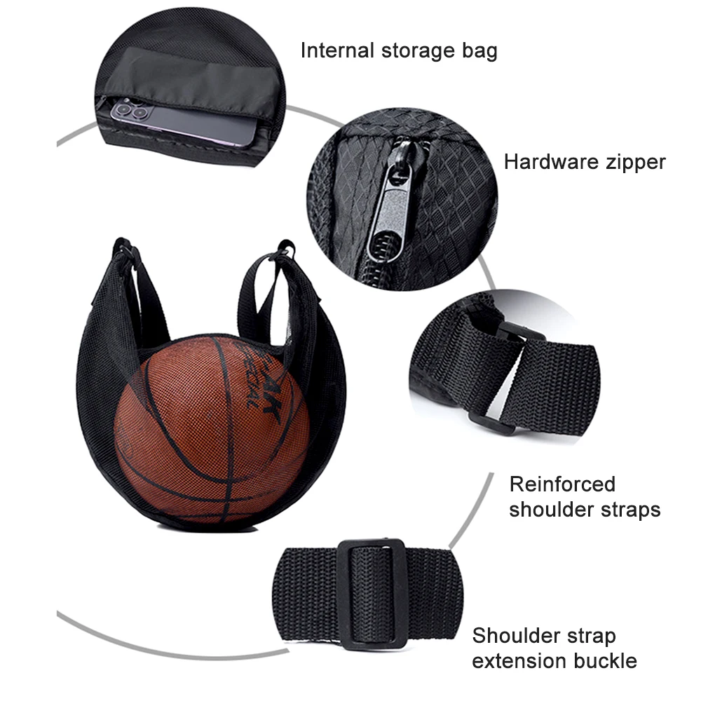 Bolsa de pelota de malla multifuncional con correa ajustable y bolsillo con cremallera, plegable, de gran capacidad, para deportes, gimnasio, playa, almacenamiento de viaje