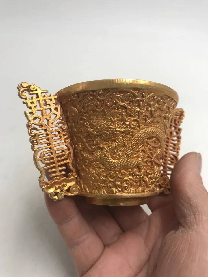 Vintage Collection Gilt Bronze Double Dragon Wine Cup Qianlong Style Antique Statue