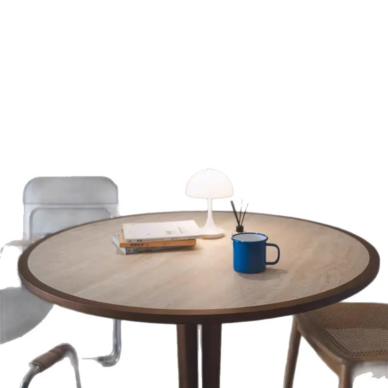 

Travertine rock slab solid wood round dining table dining table household round dining table