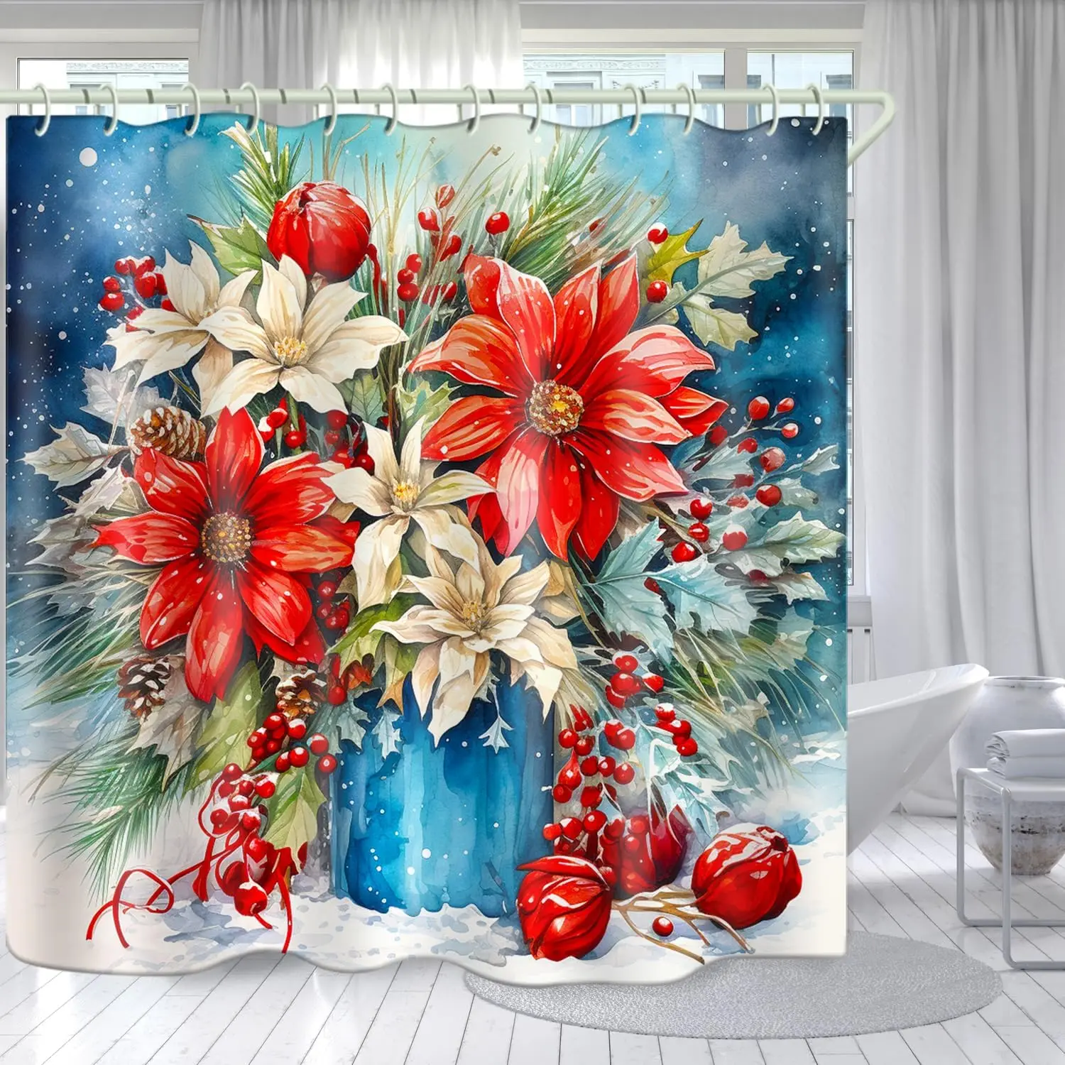 

Ванная комната с красным цветком 3D занавеска для душа, роскошная стандартная занавеска для душа для ванны, водонепроницаемая и яркая тканевая занавеска для душа