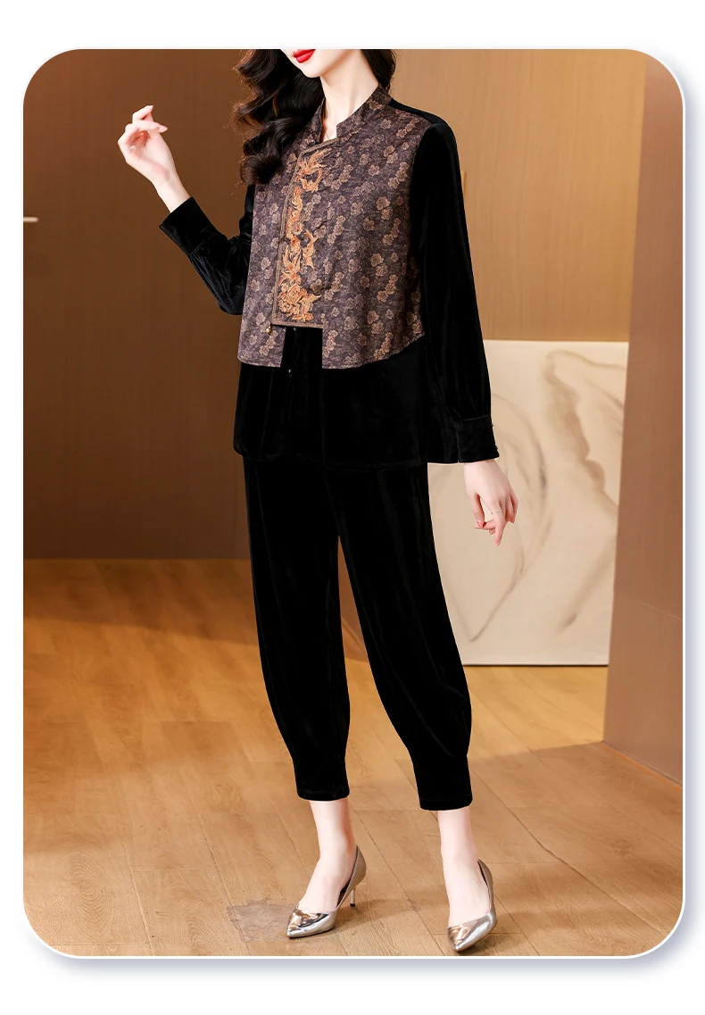 Autumn Black Velvet Long Sleeve Top Coat+Pants Skirt Two Piece Sets 2024 Female Chic Patchwork Beading Ruffled Pants Suits