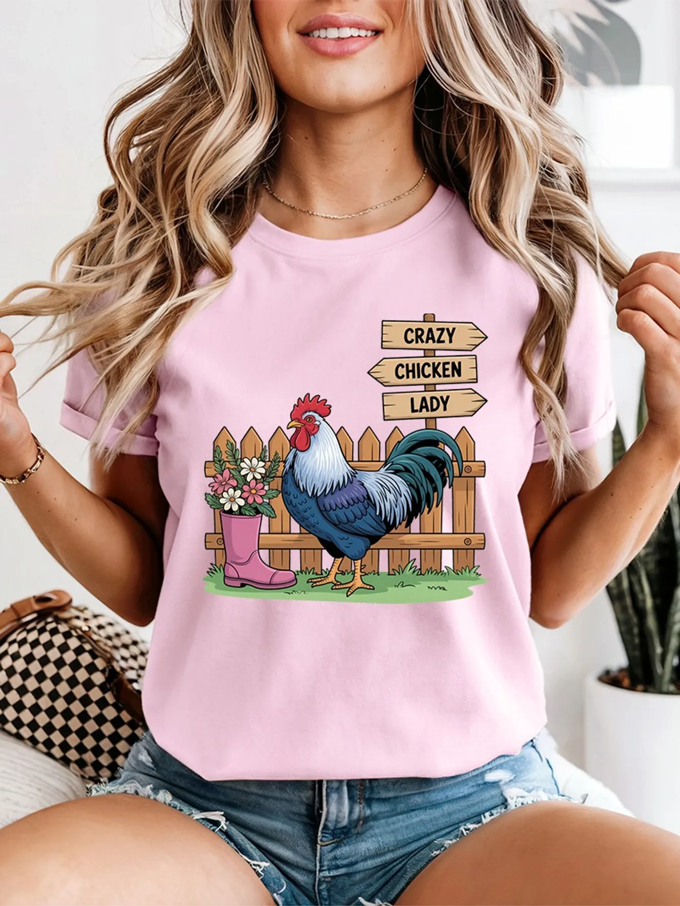 Cute Crazy Chicken Lady Rooster Fence Flower Boot Farm Art Print Graphic Ladies T Shirt Short Sleeve Crew Neck Casual Tee Tops