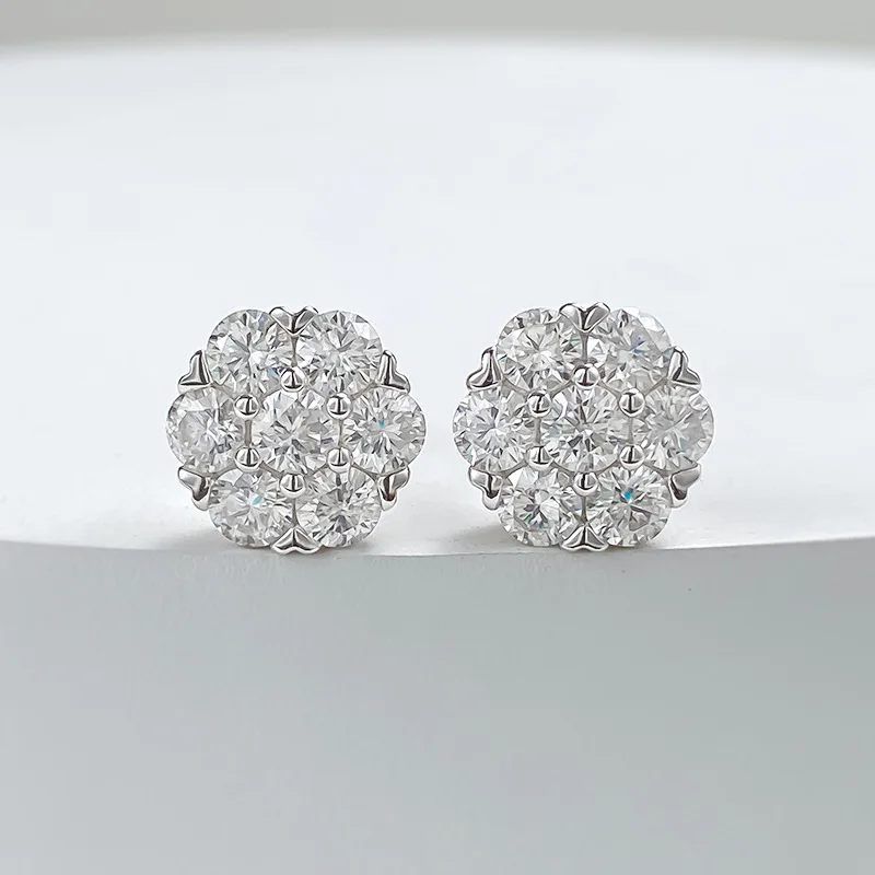 

2024 new S925 silver inlaid moissanite full set flower earrings with a high-end feel, light luxury, retro fashion, hip-hop