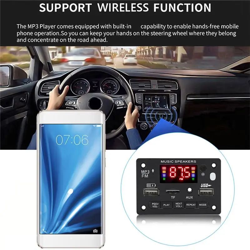 

AABFK 12 В Bluetooth 5,0 MP3-плеер, декодер, плата 2X40 Вт, автомобильный усилитель, FM-радио модуль, поддержка TF USB AUX, запись вызовов громкой связи