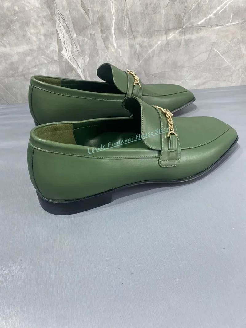 

English Style Men Square Toe Single Loafer Shoes Breathable Genuine Leather Fashion Square Toe Slip On Male Green Formal Shoes