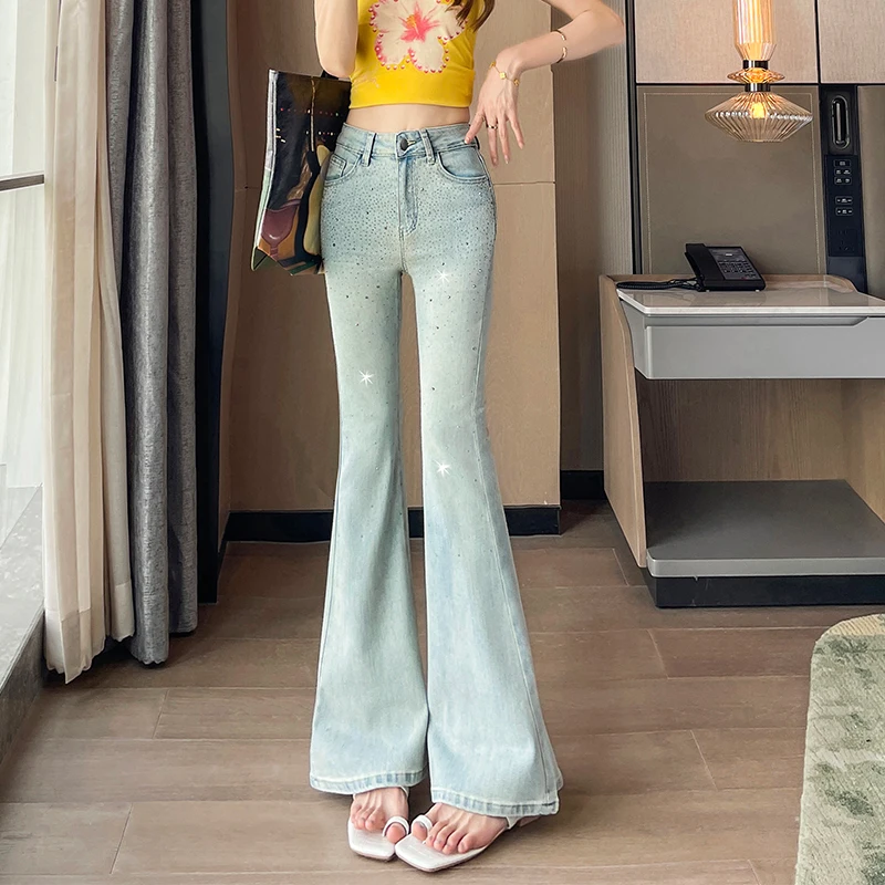 Women's New Heavy Hotfix Rhinestone Jeans, High Waist Slim Fit Starry Sparkling Rhinestone Micro Flare Denim Pants