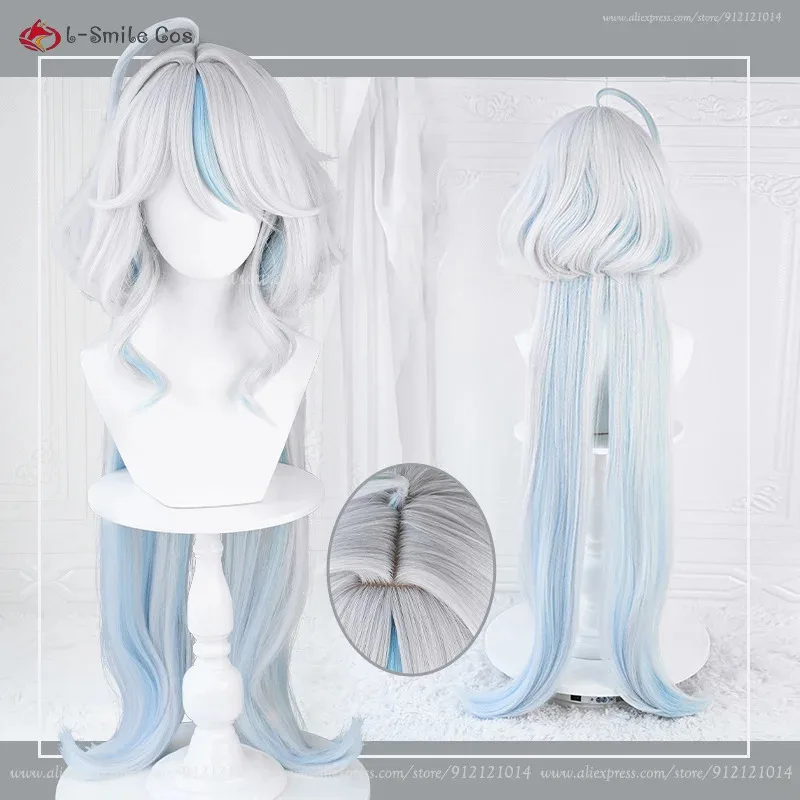 111 www Focalors 43 سنتيمتر/100 سنتيمتر مجعد الفضة الأبيض الأزرق Furina تأثيري أنيمي شعر مستعار مقاومة للحرارة الاصطناعية الشعر + ث