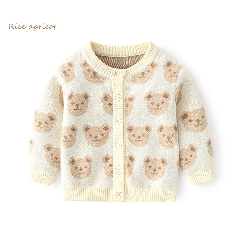 Ins Spring Autumn Children Boys 100% Cotton Sweater Single Breasted Little Boys Knitwear Cartoon Bear Print Baby Boys Coat